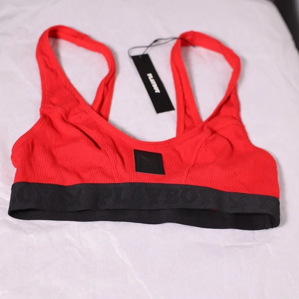 🅽🅴🆆 𝐏𝐋𝐀𝐘𝐁𝐎𝐘 Essentials Rib Scoop Neck Bra, red bralette, size Small